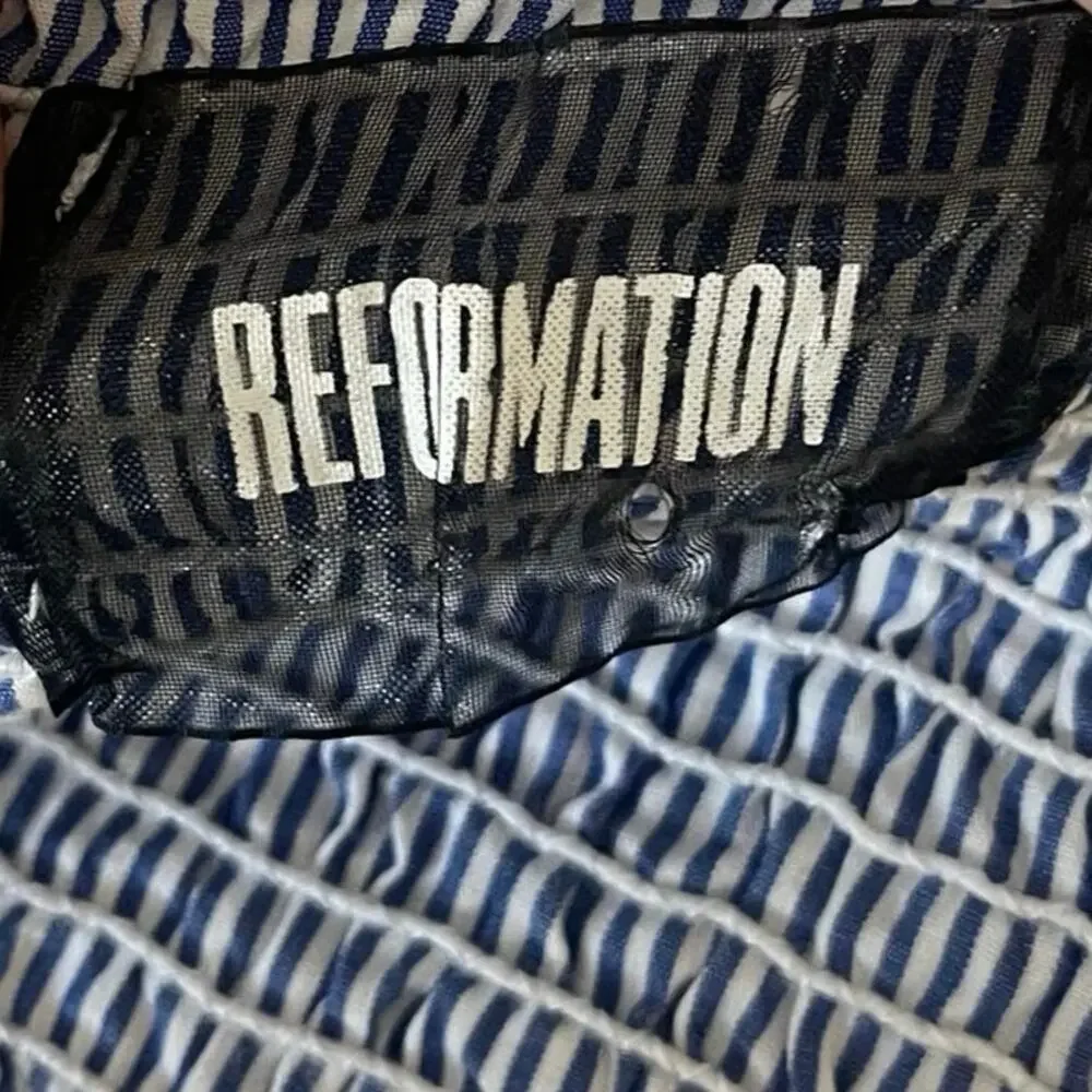 Reformation Milkmaid Blue White Pinstripe Puff Sleeve Crop Top XL Couquette